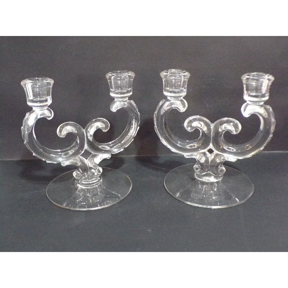 Vintage Pair Art Deco Double Arm Swirl Glass Candle Holders Classic Retro